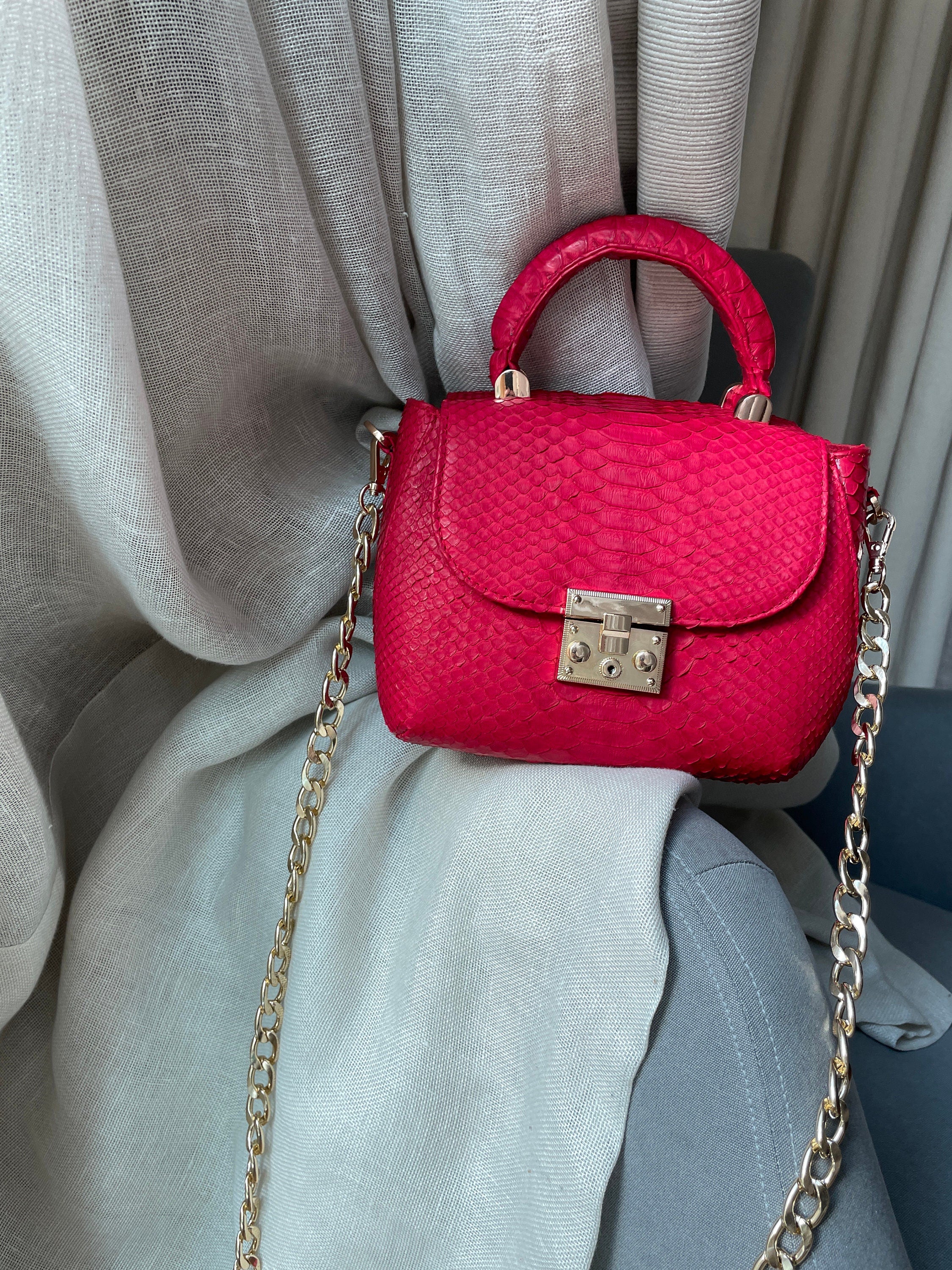 Genuine Python Skin Top Handle Bag — Red