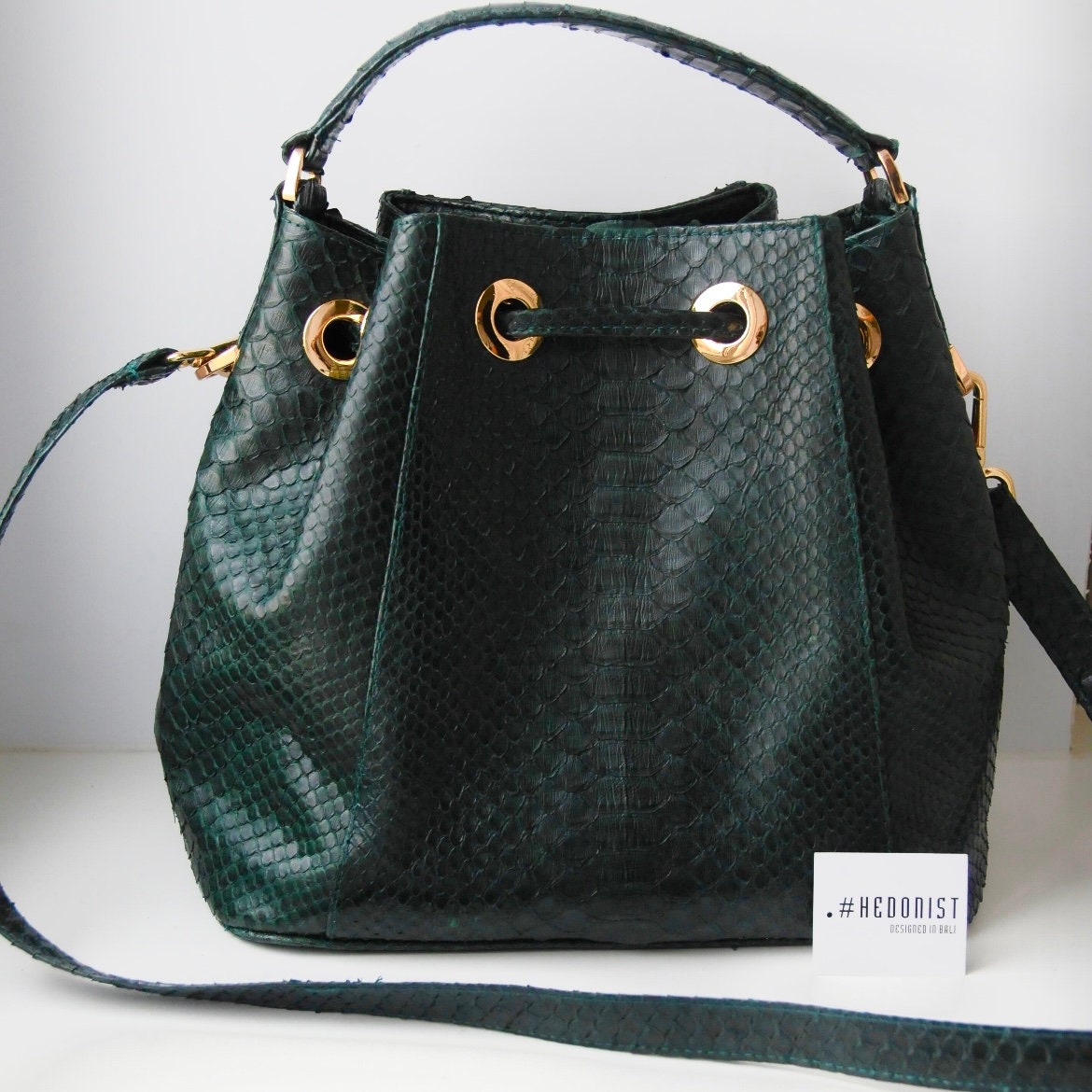 Genuine Python Skin Bucket Crossbody Bag — Dark Green
