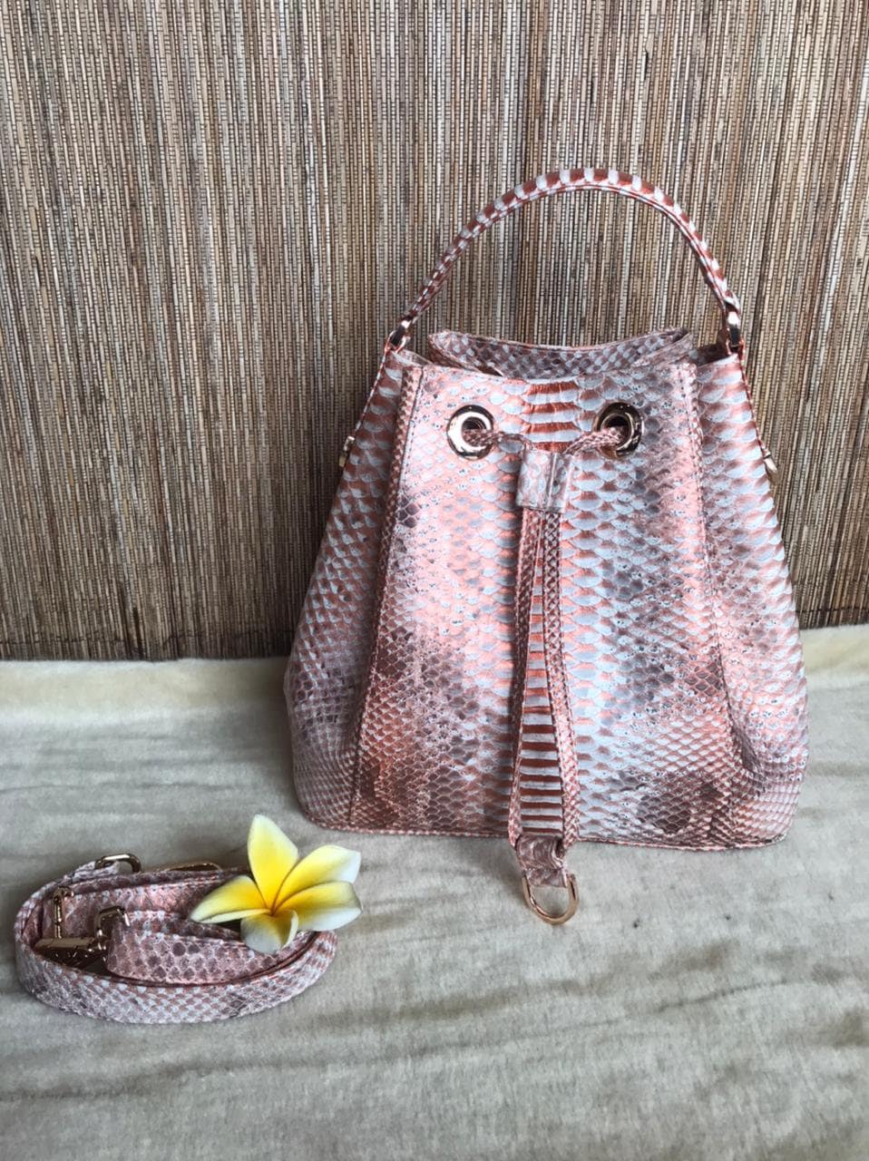 Genuine Python Skin Bucket Crossbody Bag PAULA — Peachy Gold