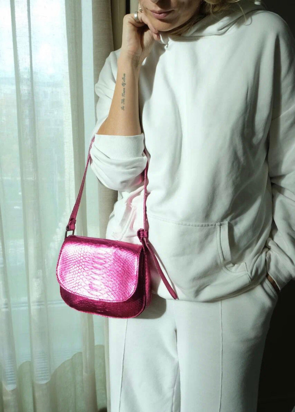Genuine python skin small top handle shoulder pink foil bag