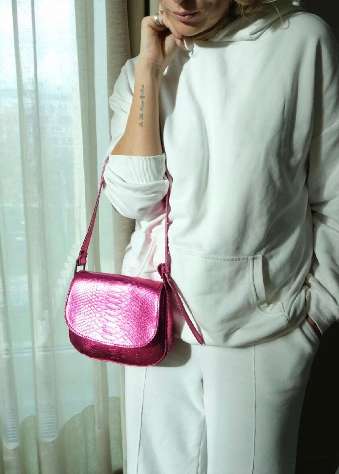 Genuine python skin small top handle shoulder pink foil bag