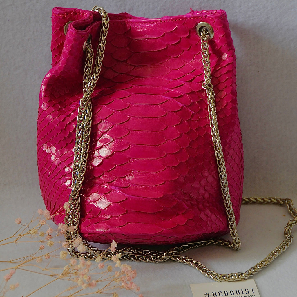 Genuine Python Skin Bucket Bag — Fuchsia