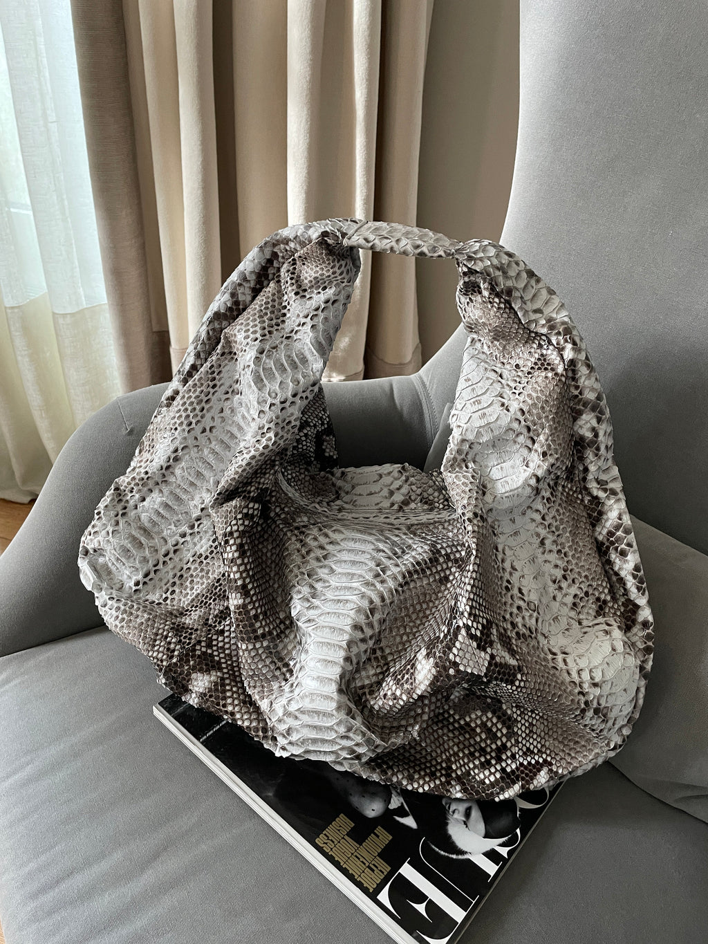 Big Soft Hobo Python Skin Bag — Gray