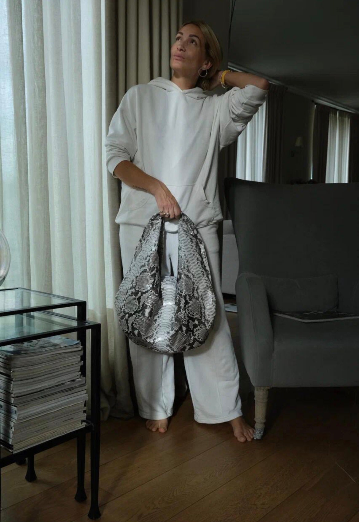 Big Soft Hobo Classy Sport Woman Bag | Purse Genuine Python Skin | Python Skin Products | Gray Big Elegant Leather Designer Soft Bag Snake
