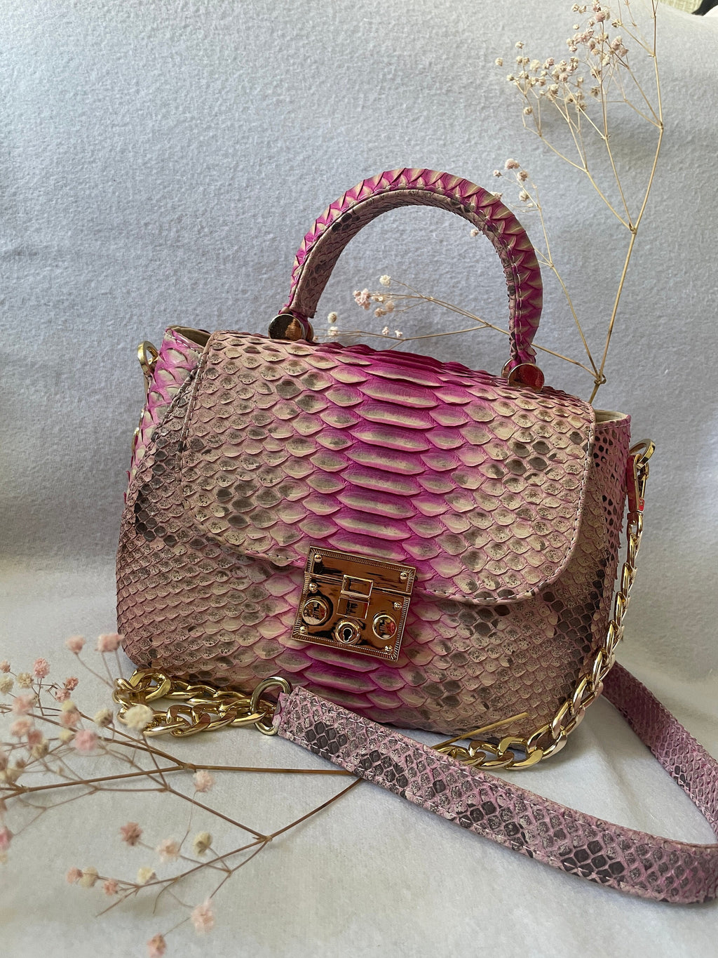 Genuine python top handle bag / designer bag / exotic leather bag / baby pink multicolor summer bag / snake  print designer classy purse — Red