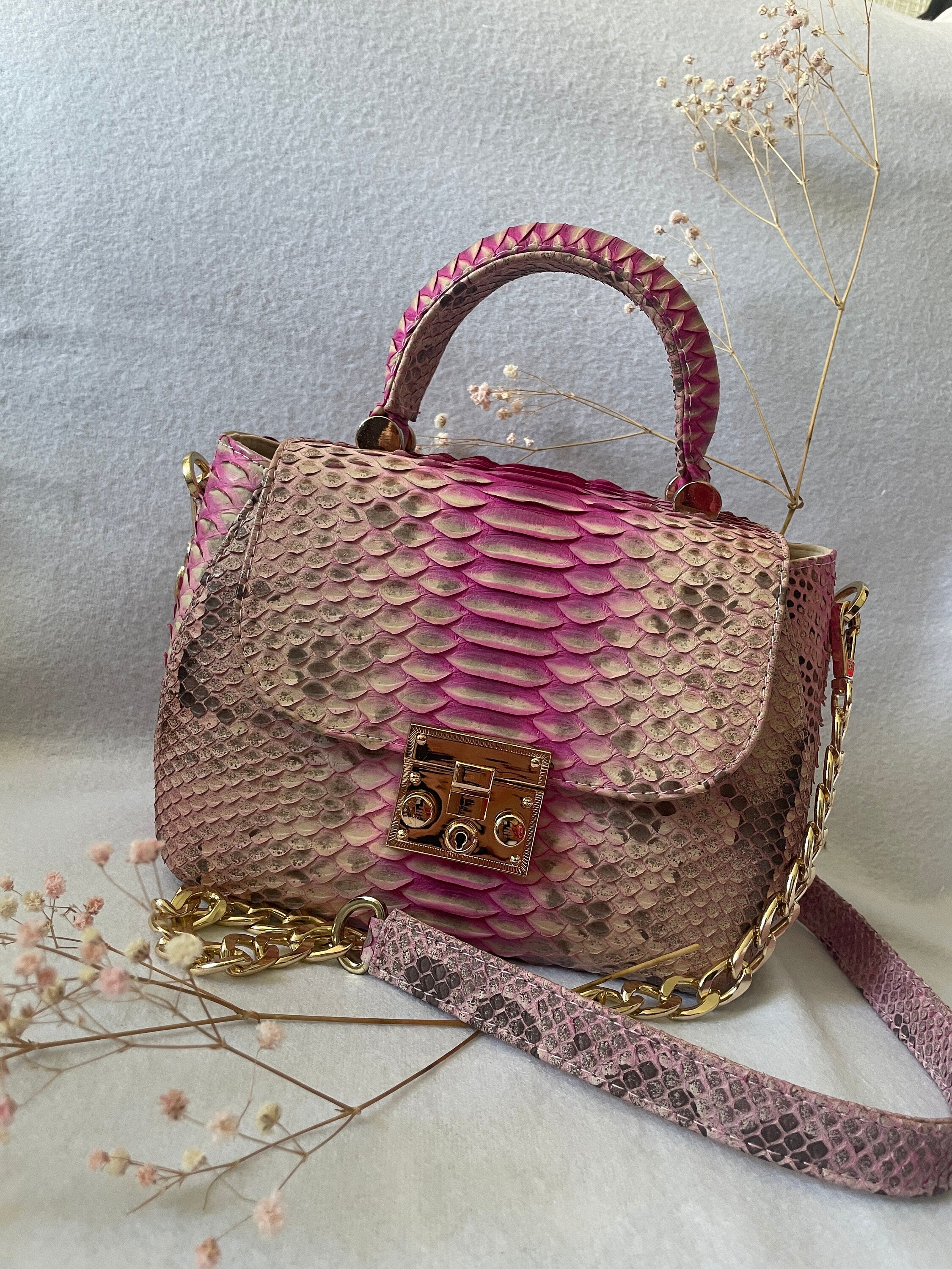 Genuine python top handle bag / designer bag / exotic leather bag / baby pink multicolor summer bag / snake  print designer classy purse — Red
