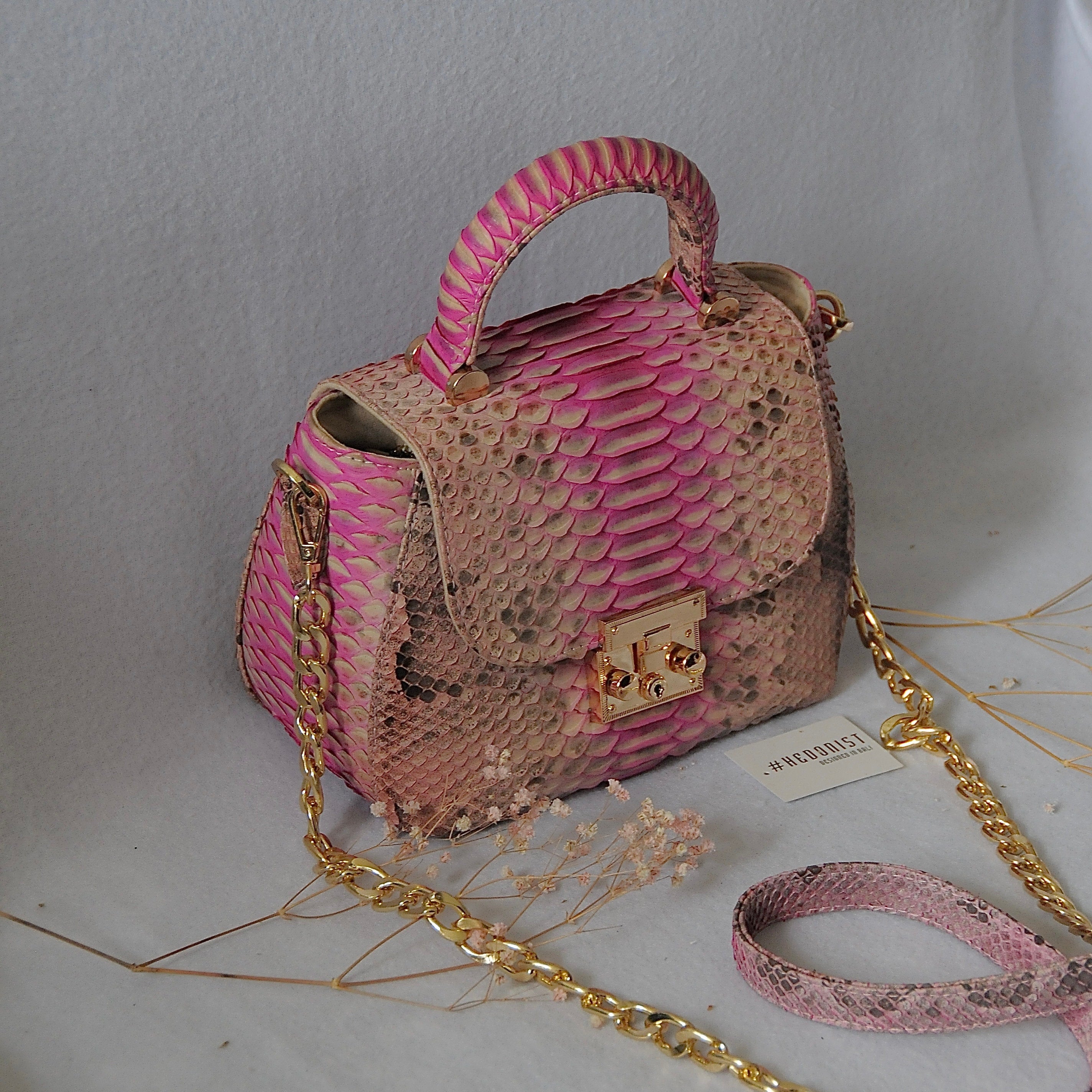 Genuine python top handle bag / designer bag / exotic leather bag / baby pink multicolor summer bag / snake  print designer classy purse — Red