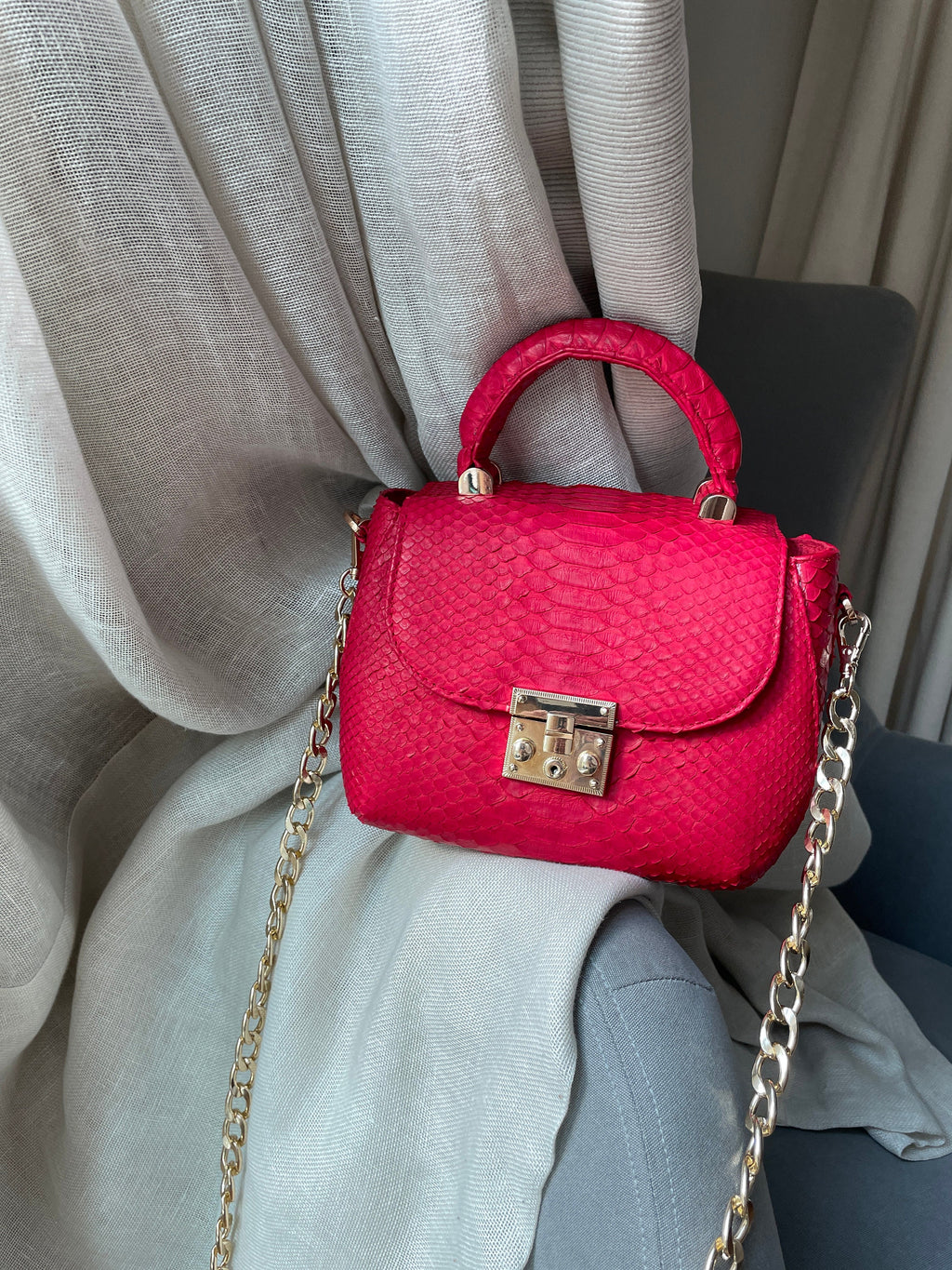 Genuine Python Skin Top Handle Bag — Red
