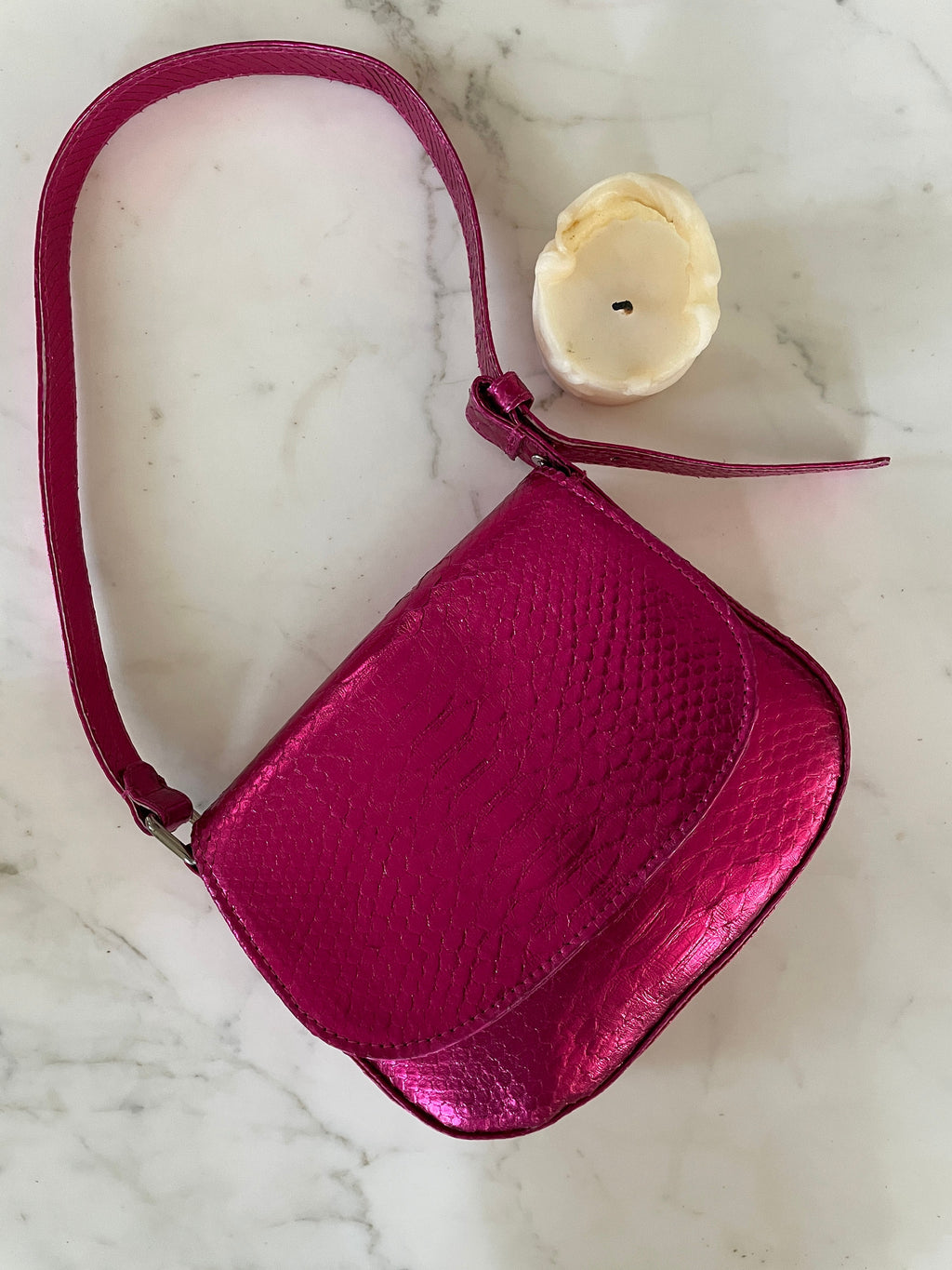 Genuine python skin small top handle shoulder pink foil bag