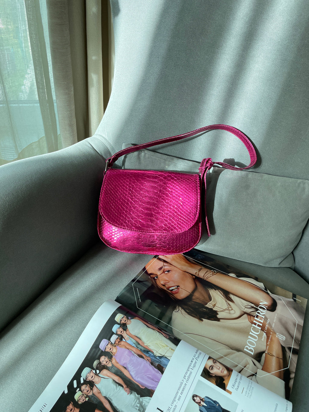 Genuine python skin small top handle shoulder pink foil bag