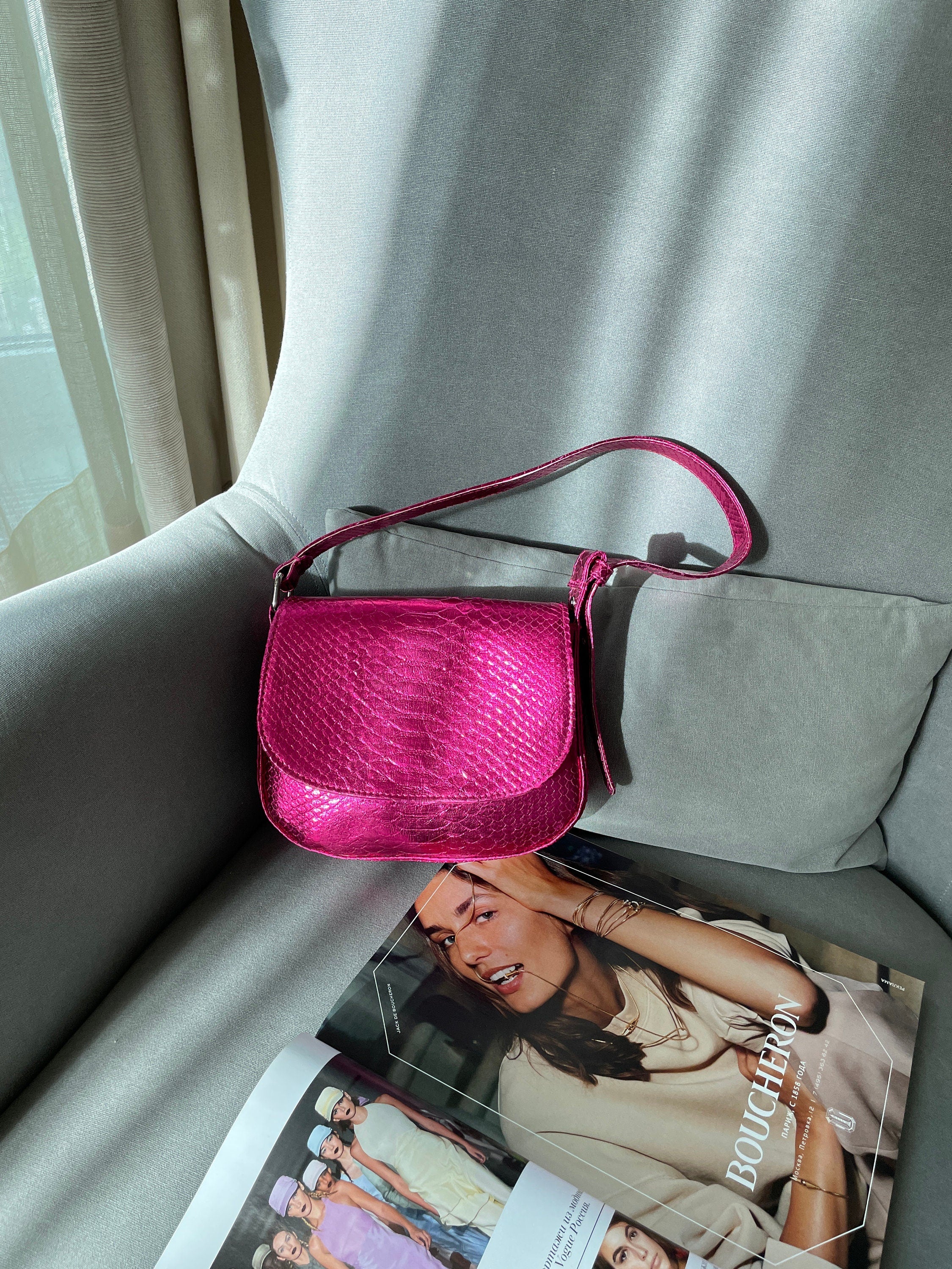 Genuine python skin small top handle shoulder pink foil bag