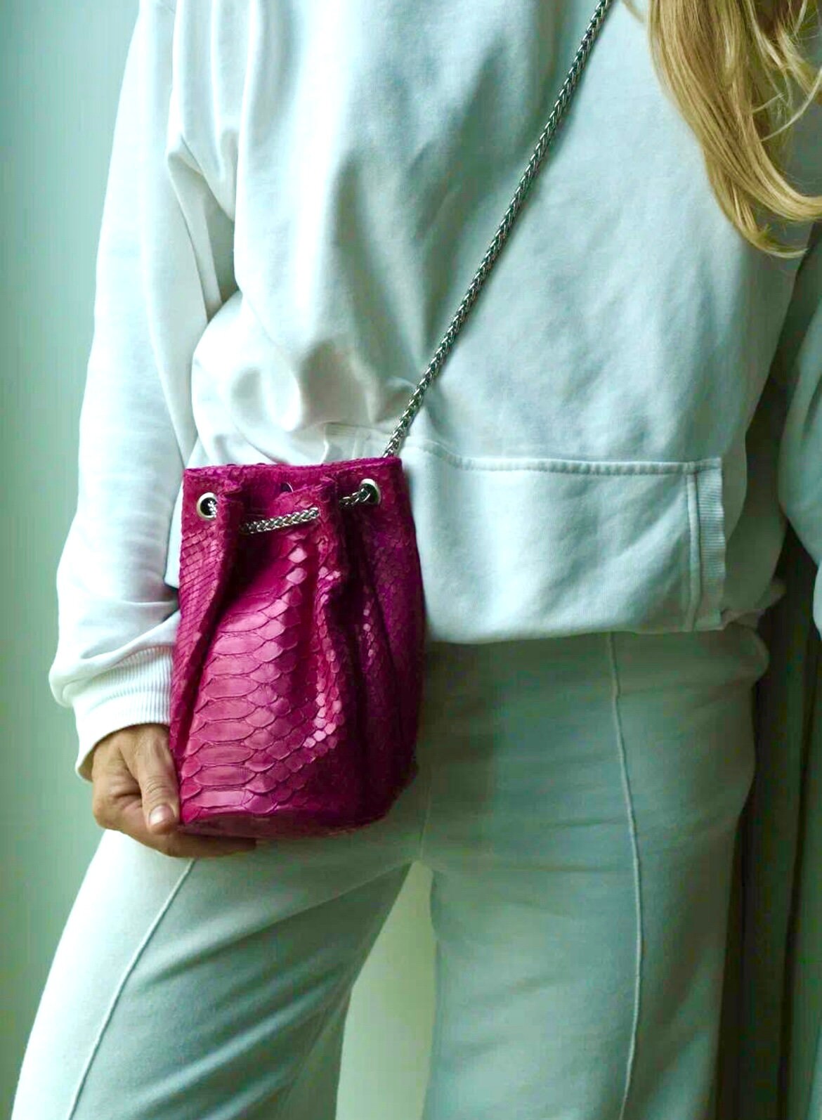 Genuine Python Skin Bucket Bag — Fuchsia