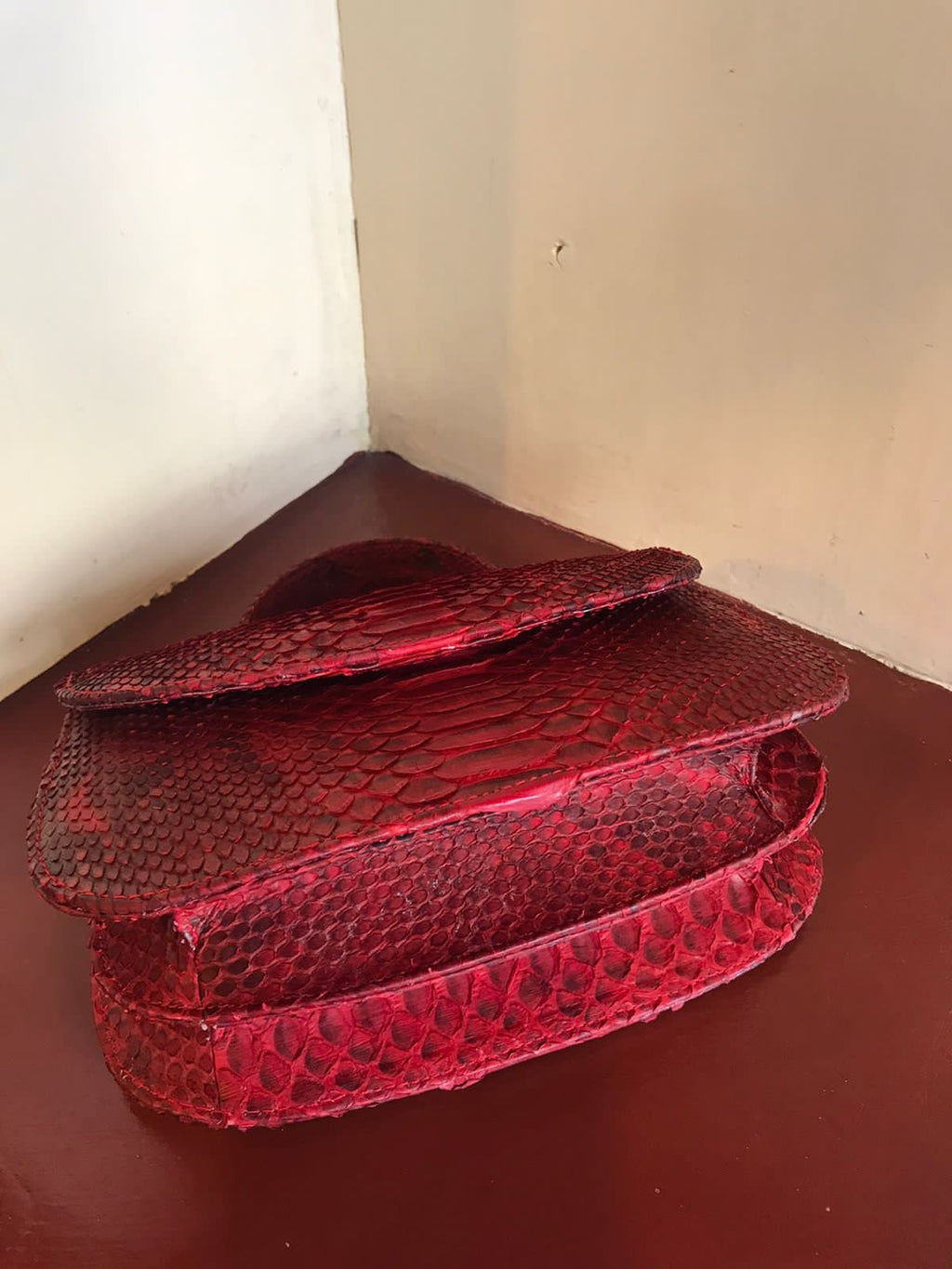 Genuine Python Skin Top Handle Crossbody Bag — Red
