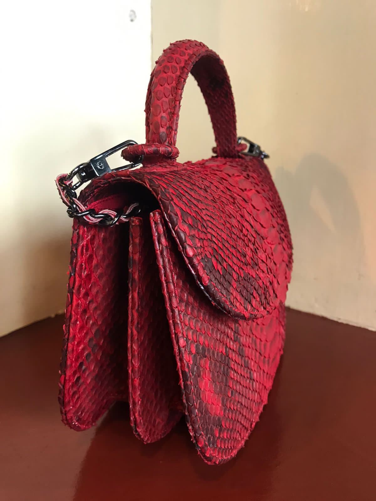 Genuine Python Skin Top Handle Red Crossbody Bag