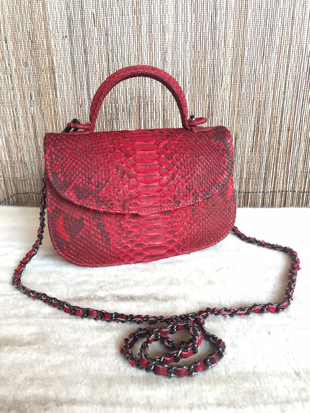 Genuine Python Skin Top Handle Red Crossbody Bag
