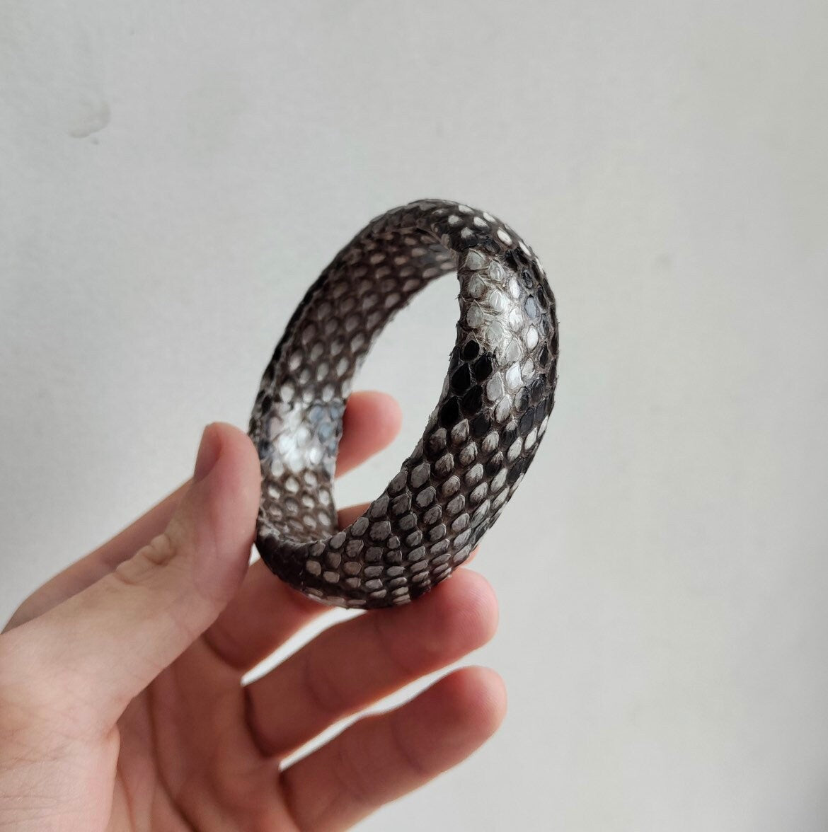 READY TO SHIP Genuine python skin  round bracelet, pythonskin leather bracelet, bangle gray leather bracelet, wide bracelet python
