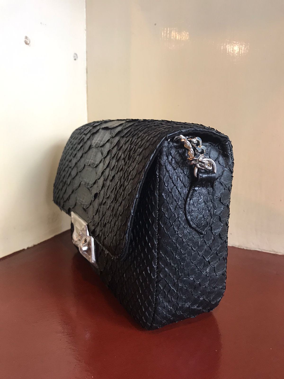 Genuine Python Skin Chain Crossbody Bag — Black