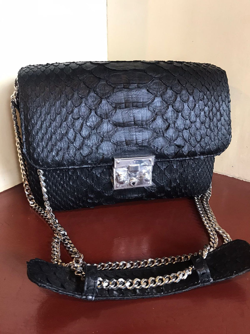 Genuine Python Skin Chain Crossbody Bag — Black