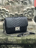 Genuine Python Skin Chain Crossbody Bag — Black