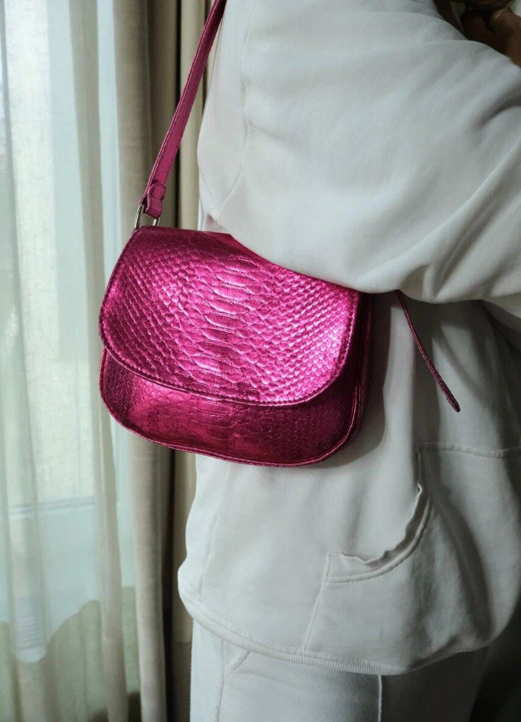 Genuine python skin small top handle shoulder pink foil bag
