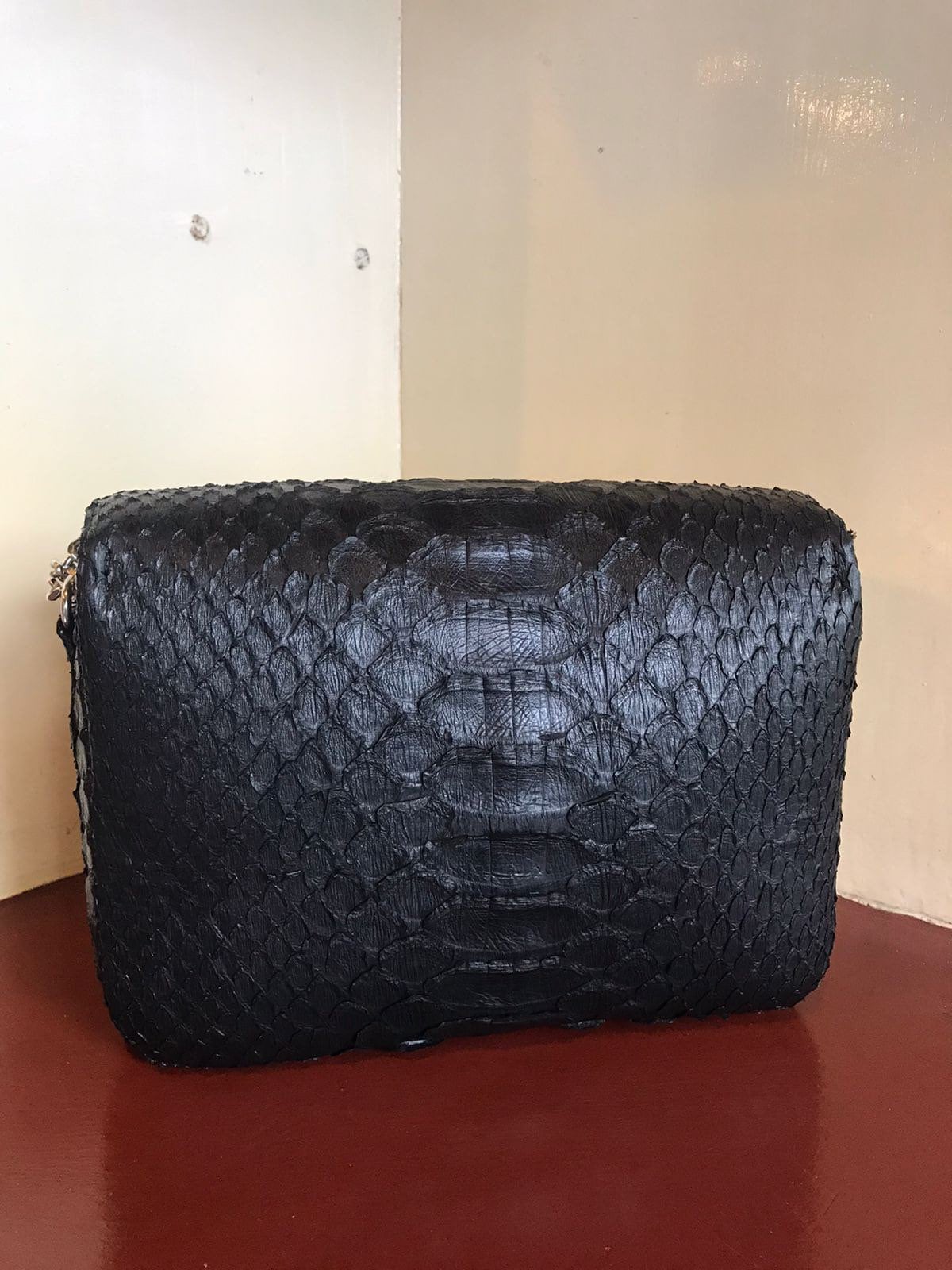 Genuine Python Skin Chain Crossbody Bag — Black