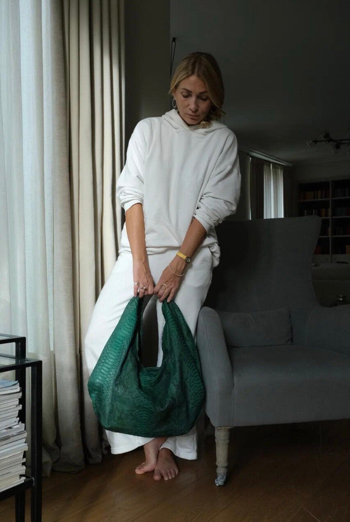 Big Soft Hobo Classy Sport Woman Bag | Purse Genuine Python Skin | Python Skin Products | Green Big Elegant Leather Designer Soft Bag Snake