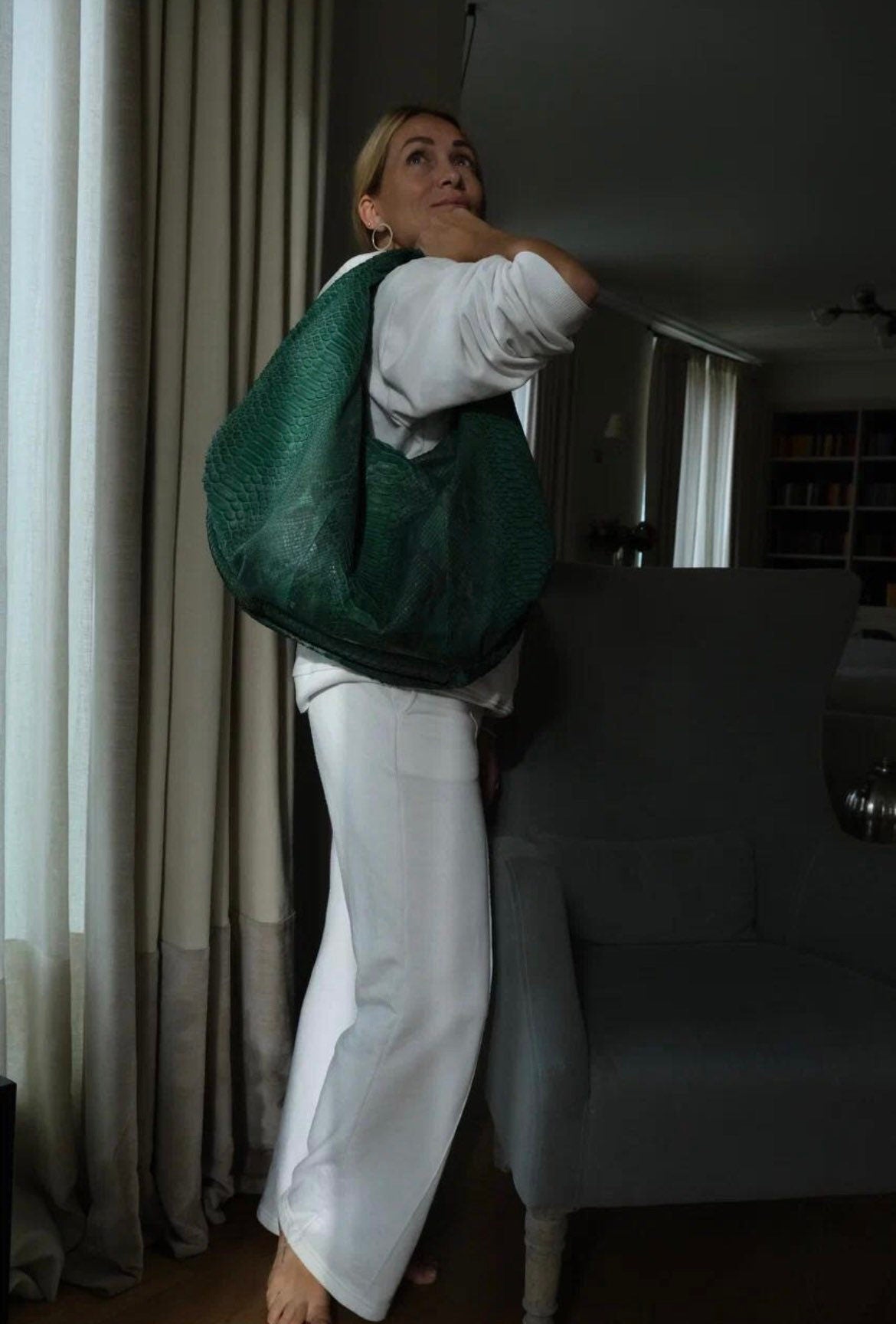 Big Soft Hobo Classy Sport Woman Bag | Purse Genuine Python Skin | Python Skin Products | Green Big Elegant Leather Designer Soft Bag Snake