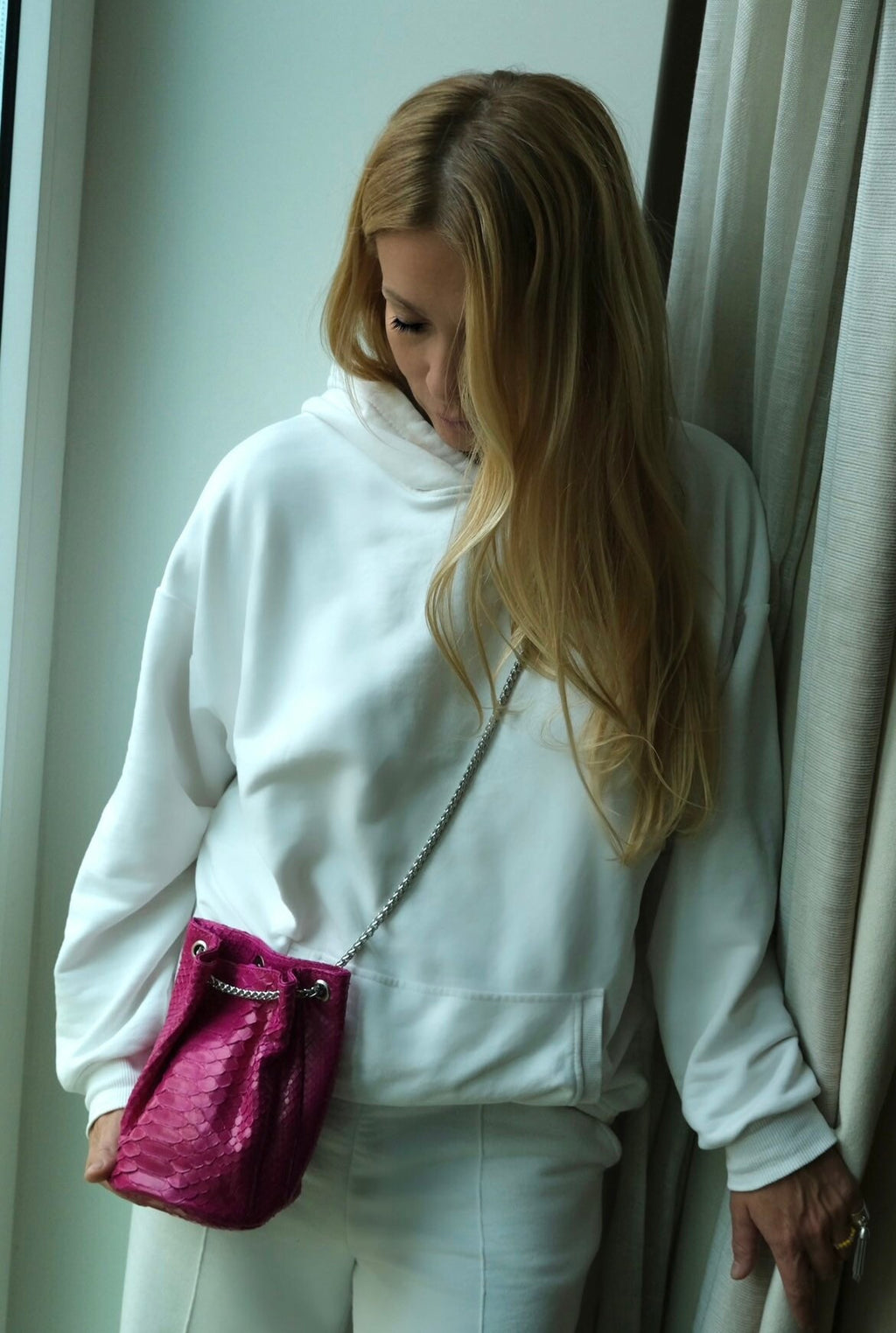 Genuine Python Skin Bucket Bag — Fuchsia