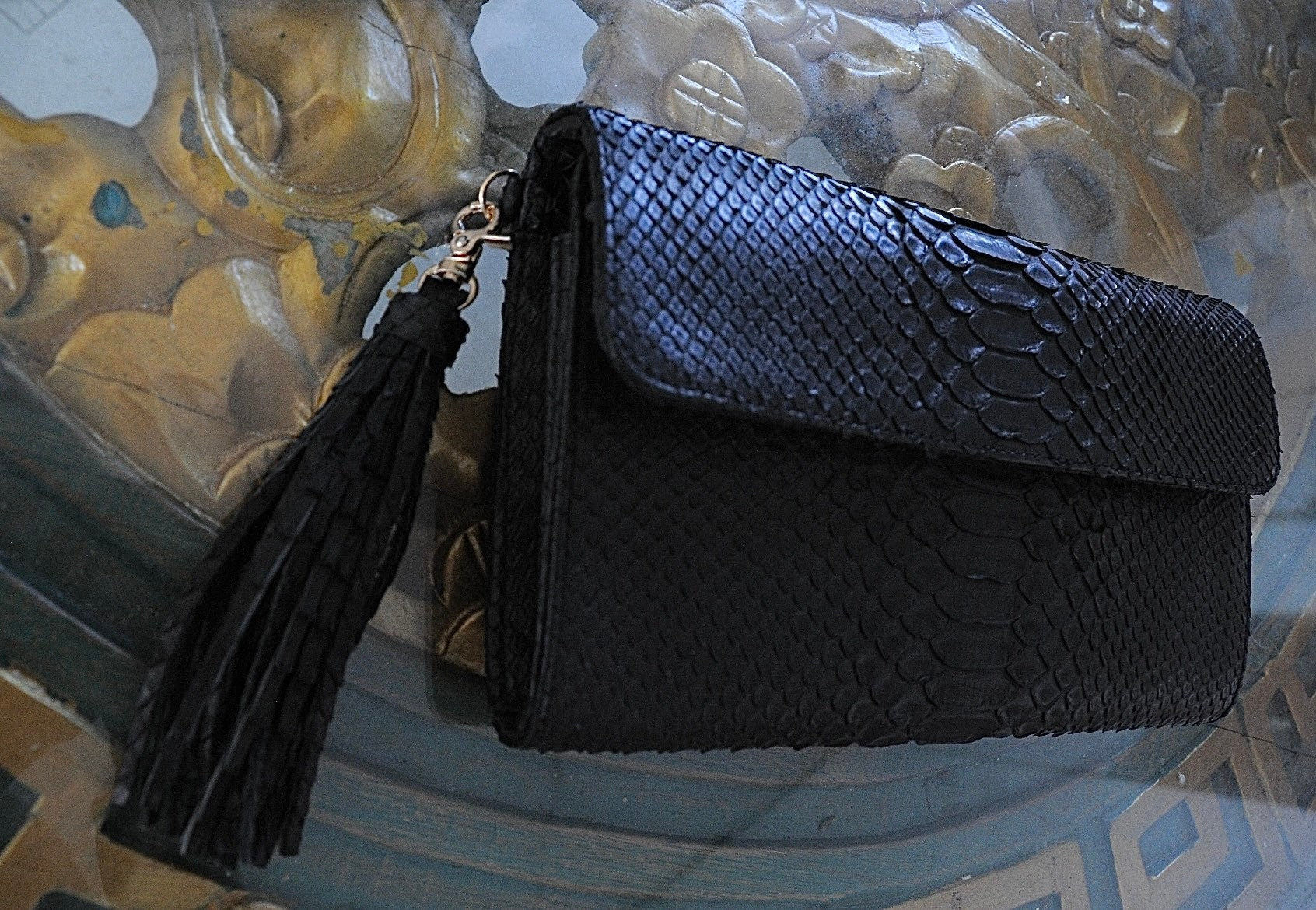 Genuine python skin classy flat clutch with shoulder chain