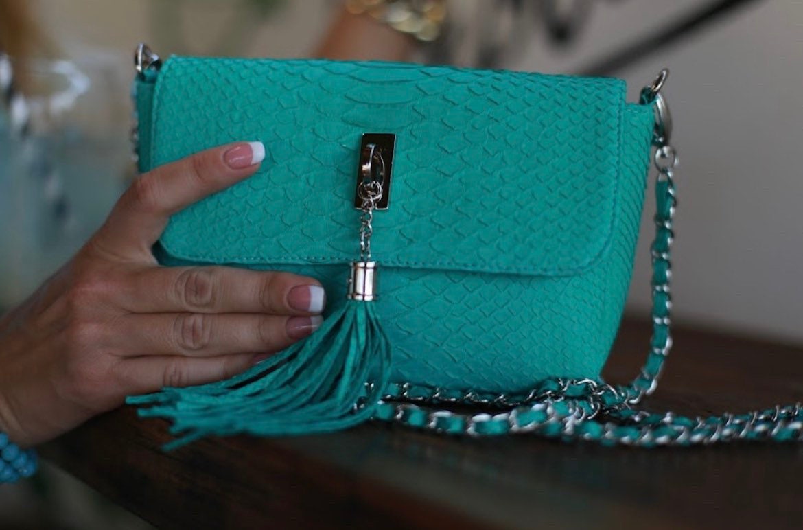 Genuine Python Skin Crossbody Bag — Turquoise
