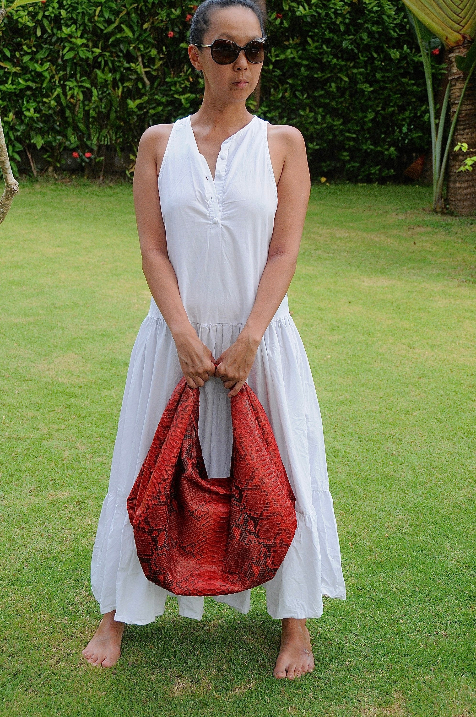 Big Soft Hobo Python Skin Bag — Red
