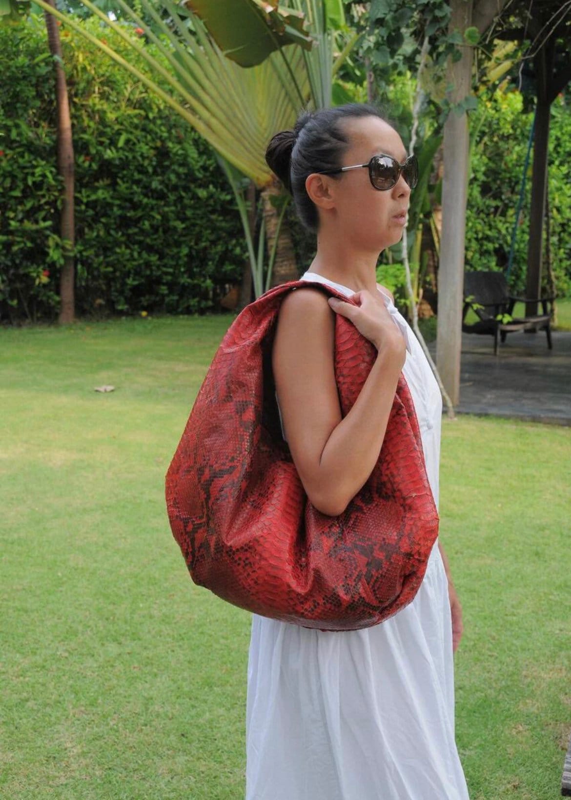 Big Soft Hobo Python Skin Bag — Red