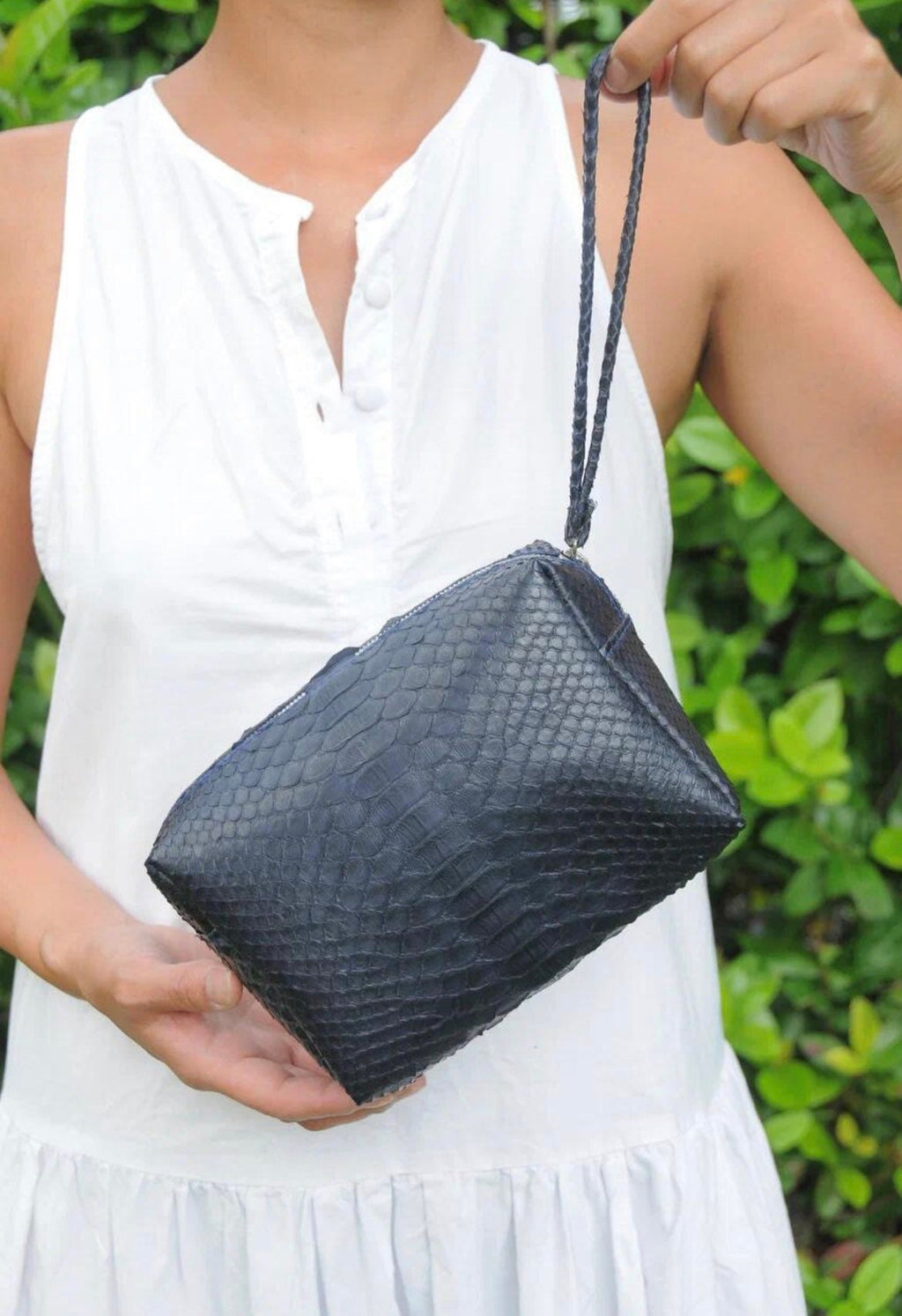Genuine python skin blue cosmetic bag