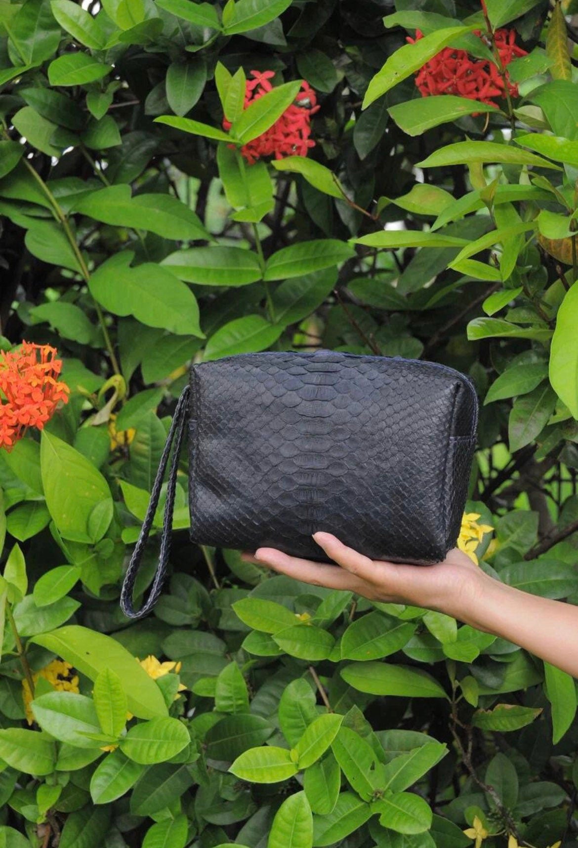Genuine python skin blue cosmetic bag