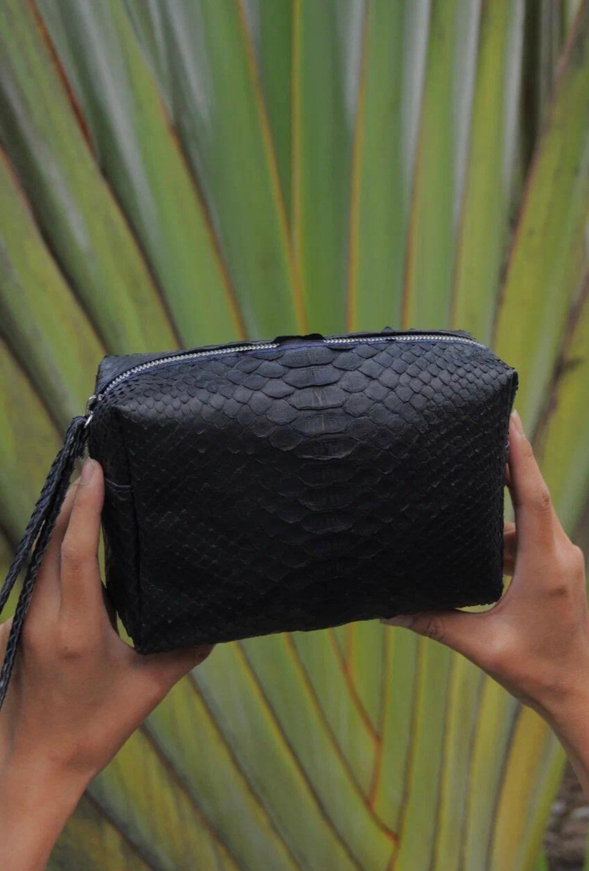Genuine python skin blue cosmetic bag