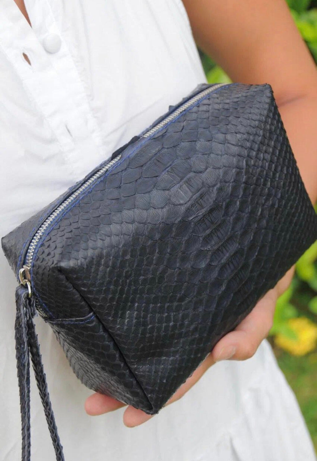 Genuine python skin blue cosmetic bag