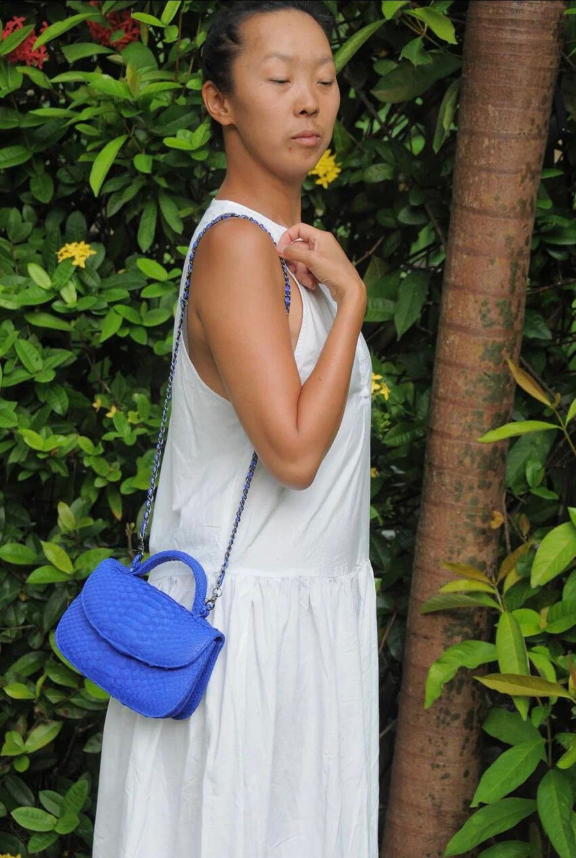 Genuine Python Skin Top Handle Crossbody Bag — Bright Blue