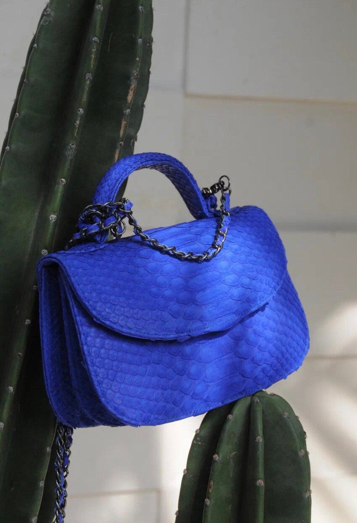 Genuine Python Skin Top Handle Bright Blue Crossbody Bag