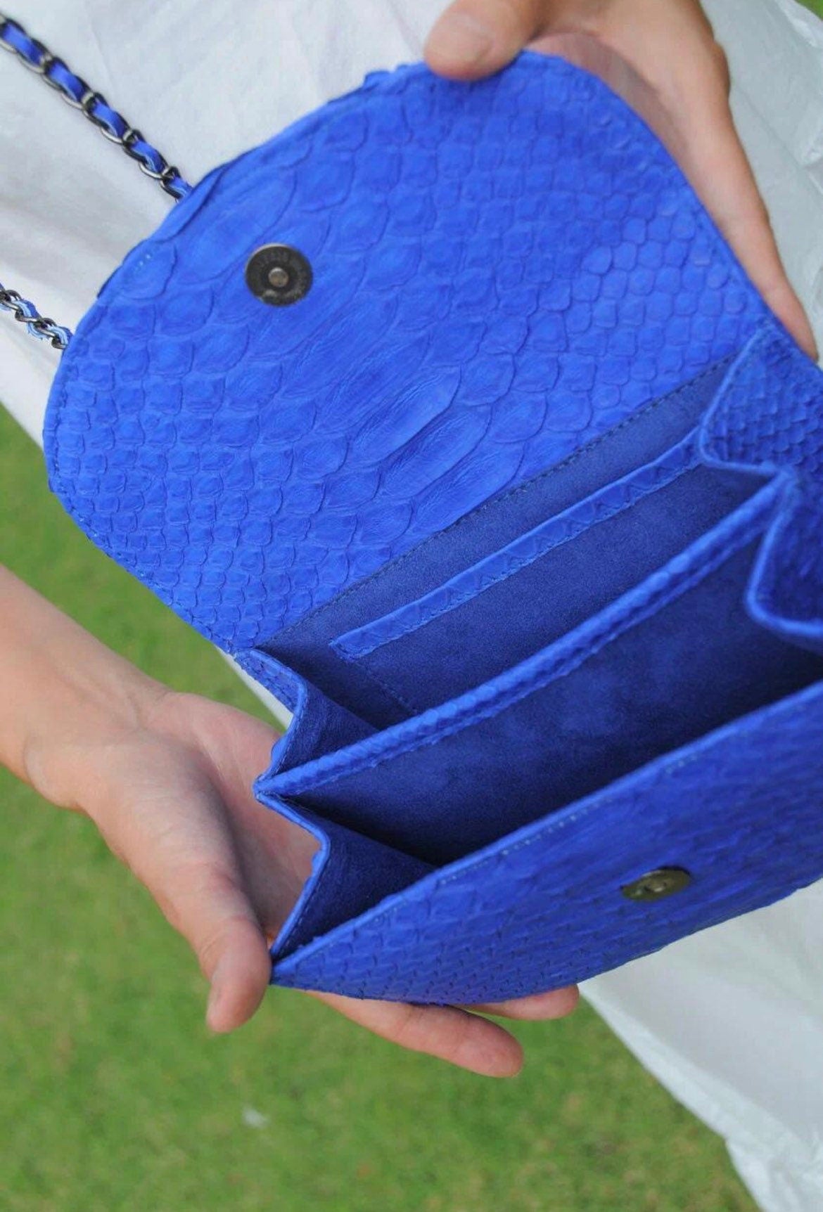 Genuine Python Skin Top Handle Crossbody Bag — Bright Blue
