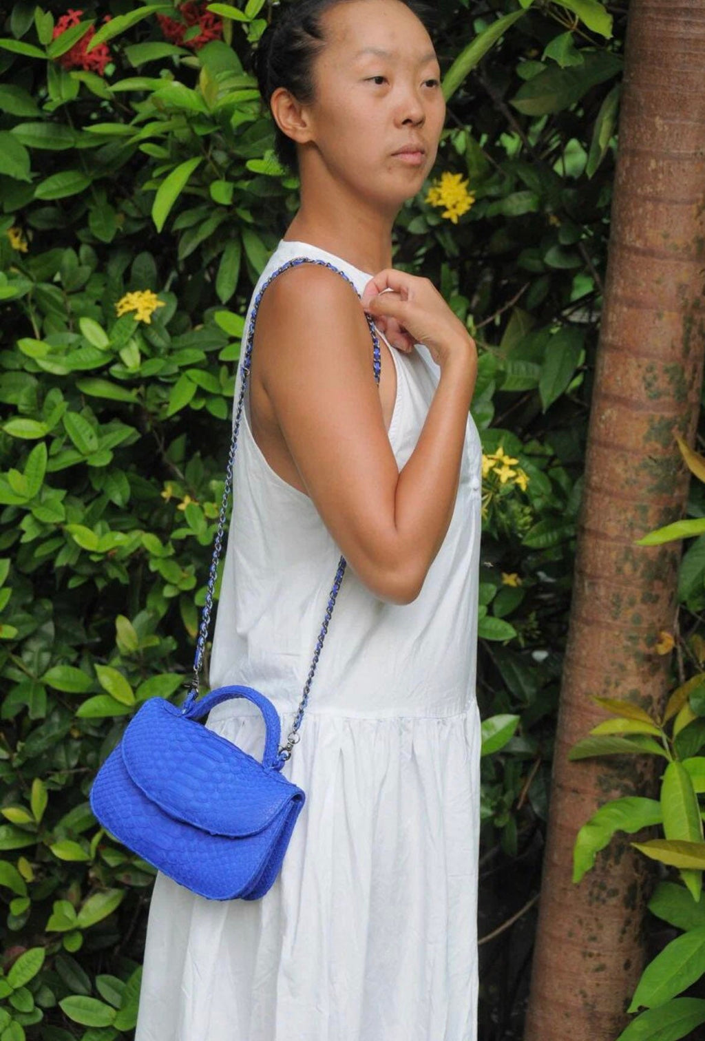 Genuine Python Skin Top Handle Crossbody Bag — Bright Blue