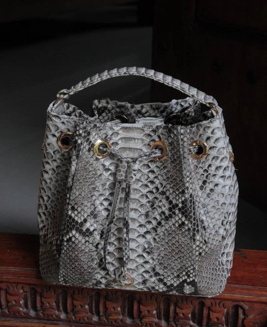 Genuine python skin grey bucket crosshandle bag/ designer women purse — Red