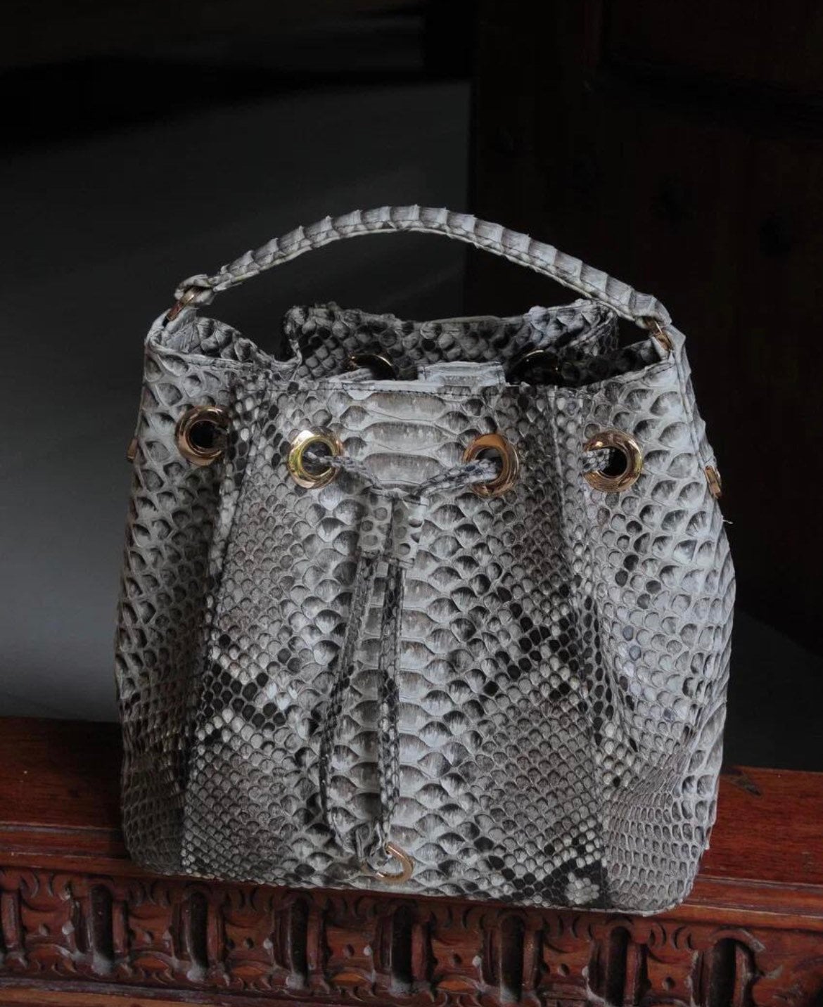 Genuine python skin grey bucket crosshandle bag/ designer women purse — Red