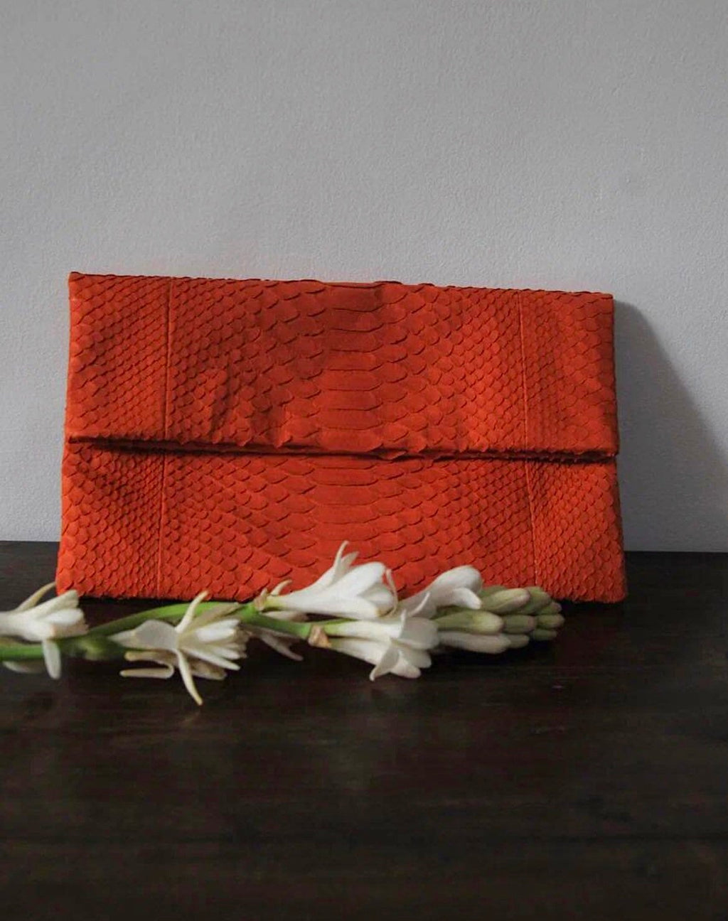 Genuine Python Skin Envelope Clutch — Orange