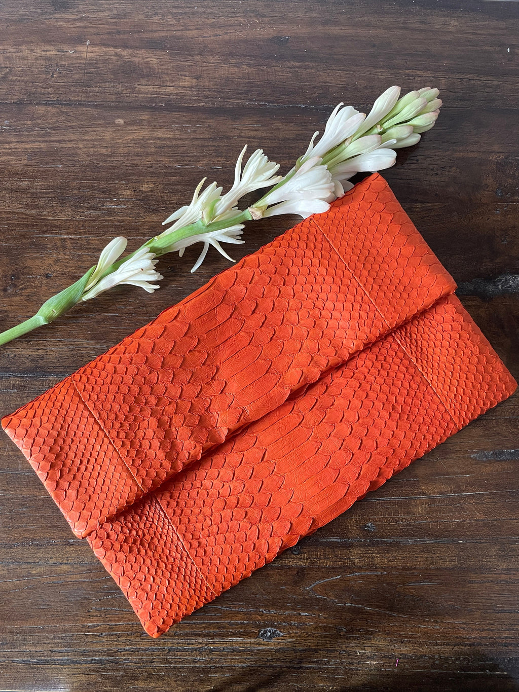 Genuine Python Skin Envelope Clutch — Orange