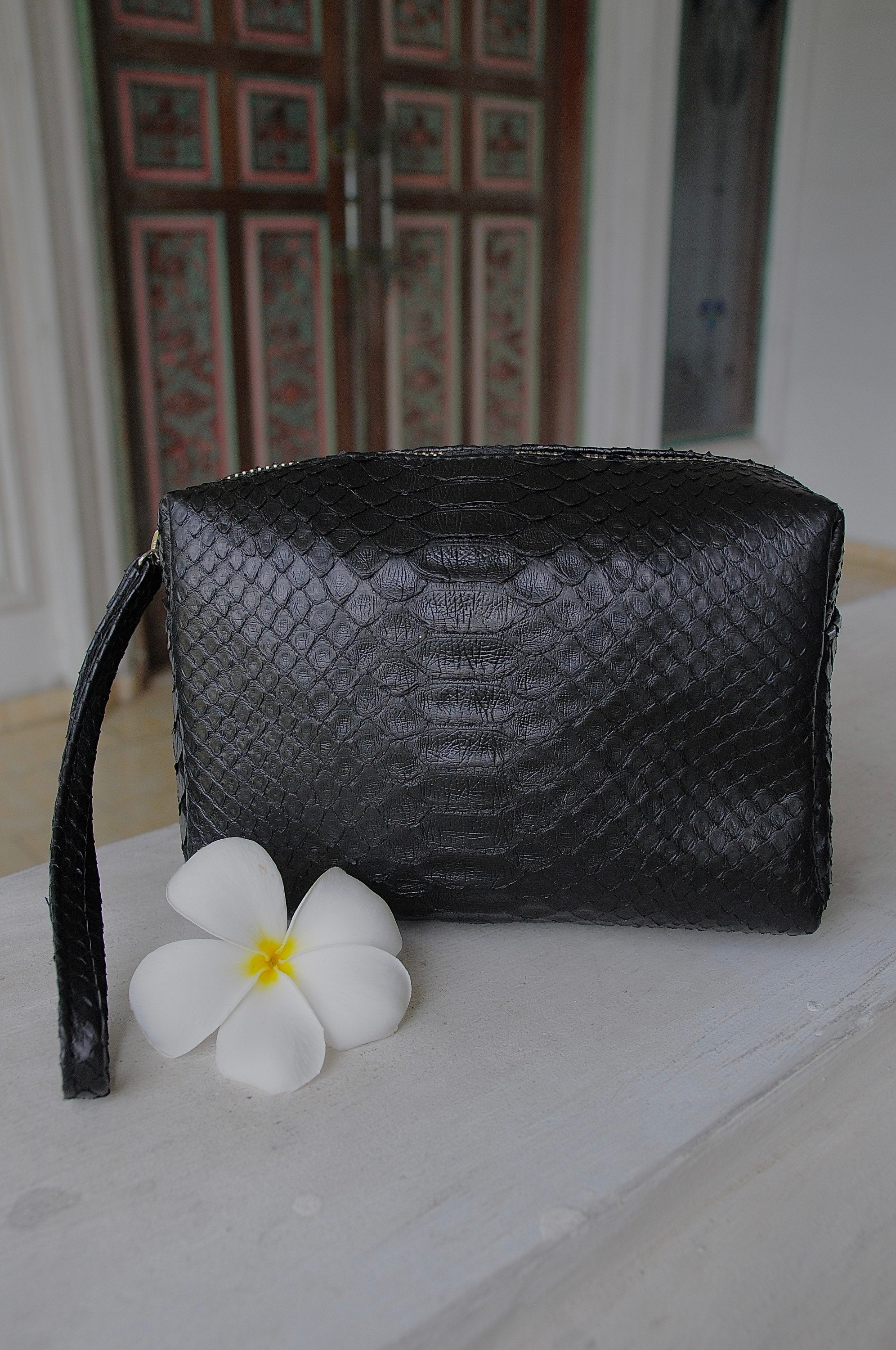 Genuine Python Skin Cosmetic Bag — Black