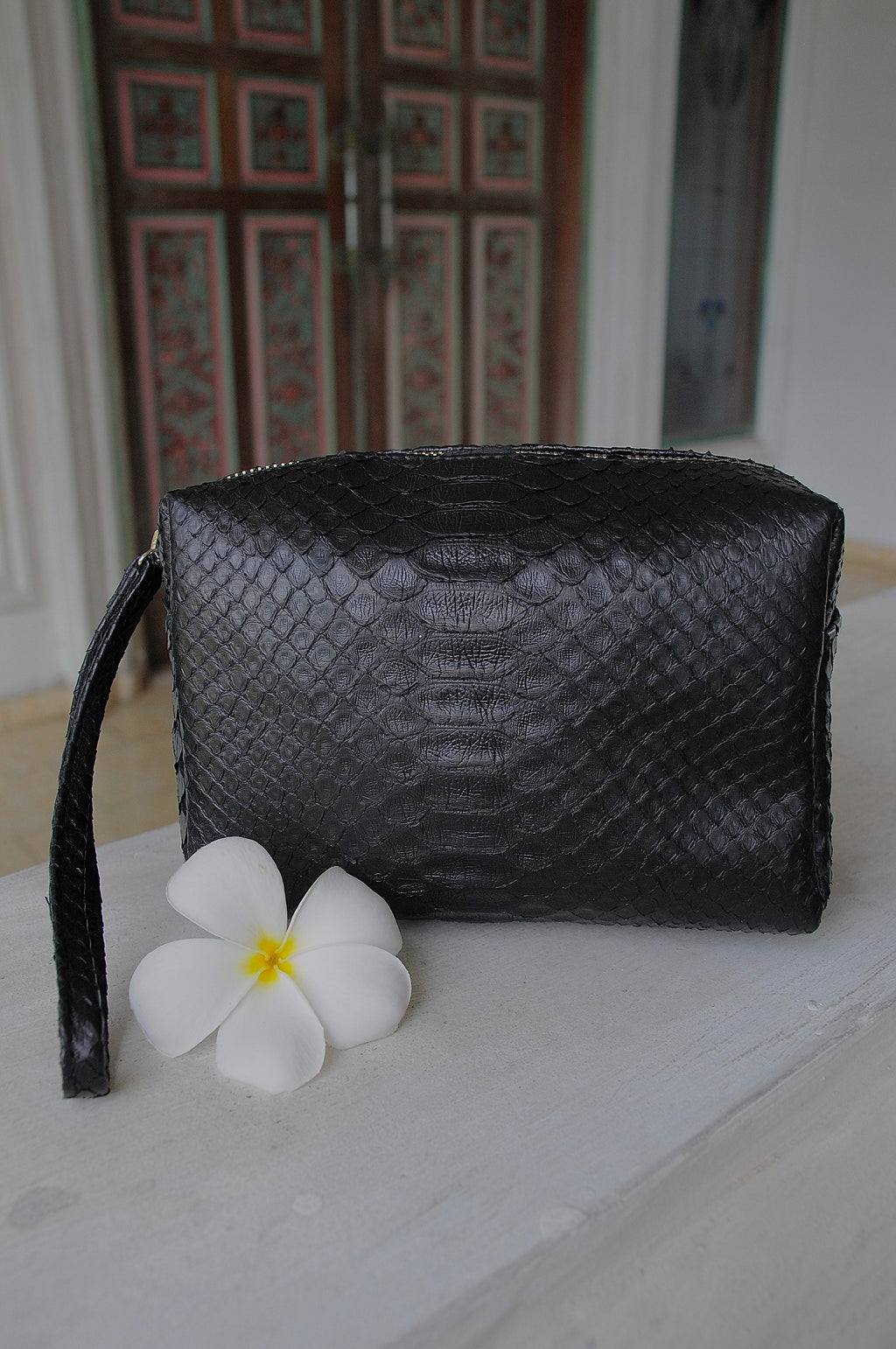 Genuine python skin black cosmetic bag