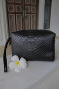 Genuine python skin black cosmetic bag