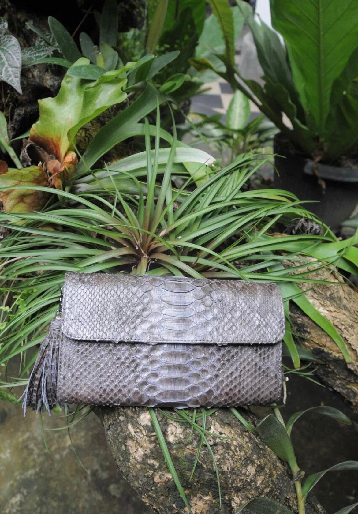 Genuine Python Skin Flat Clutch with Chain — Gray