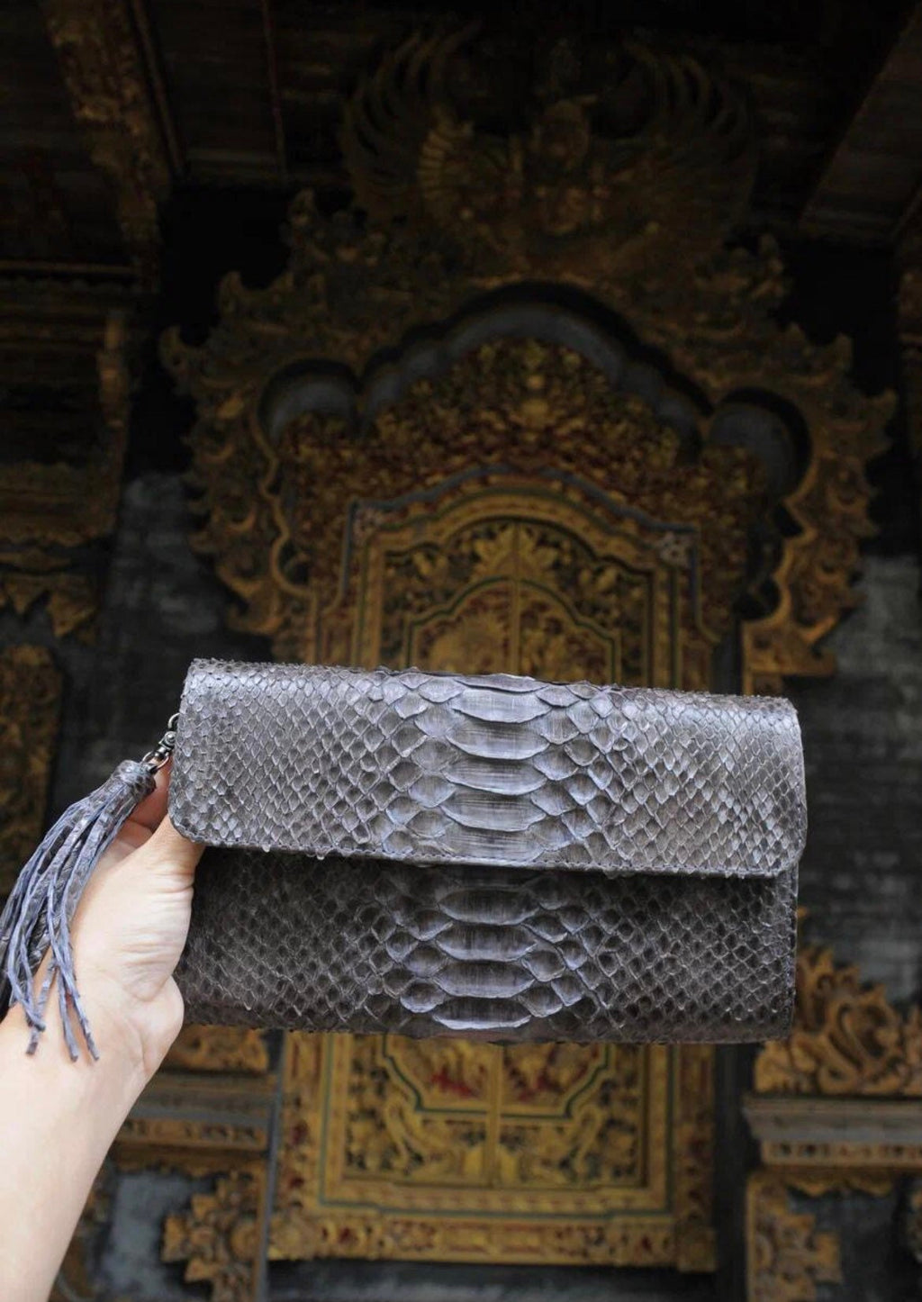 Genuine Python Skin Flat Clutch with Chain — Gray