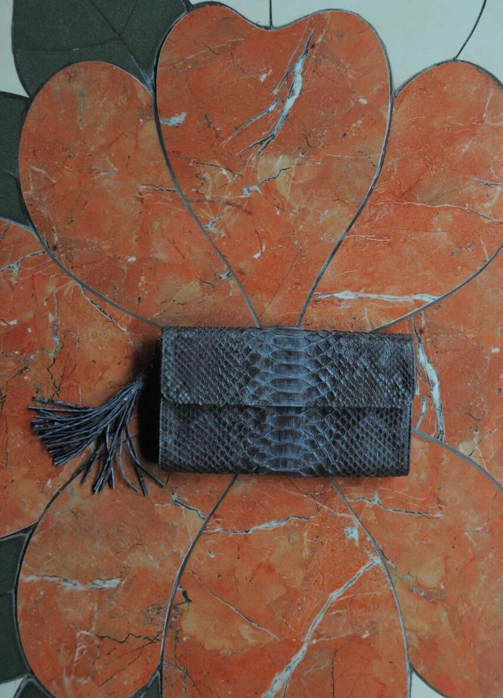 Genuine Python Skin Flat Clutch with Chain — Gray
